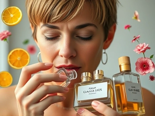 A person smelling various perfume bottles, close-up, surrounded by floating fragrance notes like citrus, floral, and woody, representing diverse age preferences, natural light.