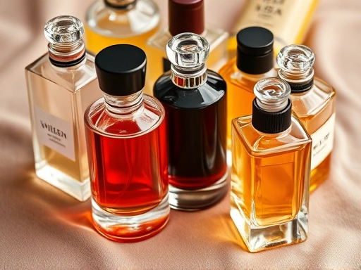 Close-up of different elegant perfume bottles, some with soft, light-colored liquids, others with deep, rich-colored liquids, on a luxurious textured surface, showing details of caps and labels.