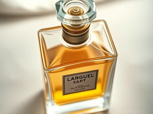 A high-angle, close-up shot of an elegant vintage perfume bottle with abstract, sparkling light effects around it, representing aldehydes. The background is soft and slightly blurred, emphasizing the bottle and the light. Focus on the luxurious texture of the glass and liquid, with hints of classic design elements, suitable for an article about aldehyde fragrances.