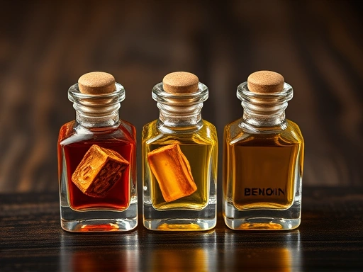 A close-up shot of three distinct small, intricately designed glass bottles, each containing a different resin fragrance: Frankincense, Myrrh, and Benzoin, elegantly arranged on a dark, polished wooden surface with soft, diffused lighting. Detailed resin fragrances, elegant bottles, aromatherapy, ancient scents.