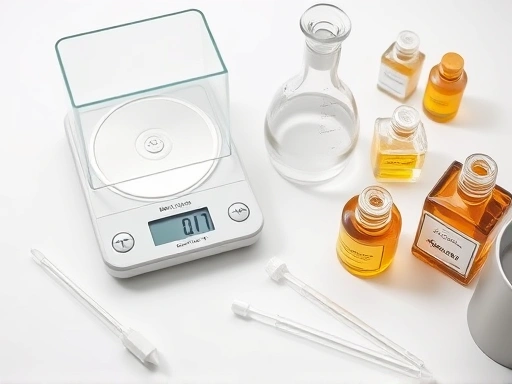 A close-up shot of essential perfumery tools on a clean white surface, including a digital scale showing 0.01g, glass beakers, pipettes, and fragrance bottles, representing precision in perfume making.