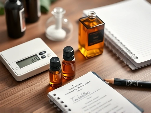 A focused, professional shot of a beginner perfumer's workspace, with small amber bottles of fragrance oils, a precise digital scale, and a well-organized notebook, emphasizing a clean and careful approach to fragrance creation.