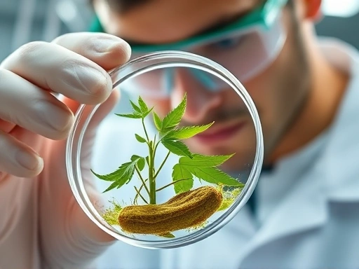 Close-up of a modern biotechnology lab with a scientist examining a plant cell culture in a petri dish, symbolizing the innovative future of sustainable flavor development.