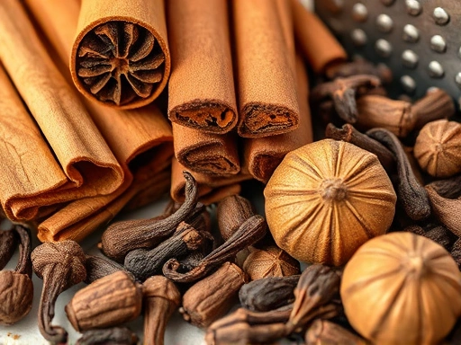 A close-up shot of whole cinnamon sticks, dried cloves, and whole nutmegs, showing their intricate textures and rich natural colors, perhaps with a grater or a mortar and pestle nearby, emphasizing their raw, aromatic forms and the essence of spice preparation.