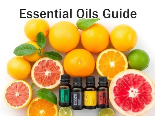A vibrant and fresh collection of citrus fruits like lemons, oranges, grapefruits, and limes, arranged artistically with small glass bottles of essential oils, creating a natural and inviting scene for an essential oil guide.