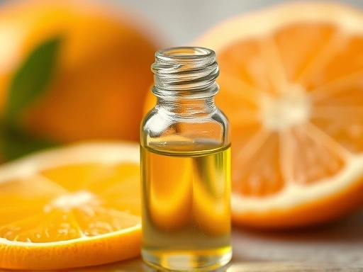 Close-up on a small, clear glass bottle of citrus essential oil, with a blurred background of fresh citrus fruit slices and soft, warm lighting, emphasizing purity and natural essence for an essential oil close-up.