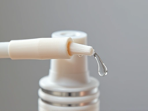 A close-up shot of a perfume spray nozzle being carefully cleaned with a cotton swab, showing water droplets or a thin stream, emphasizing the detail and precision needed for unclogging.