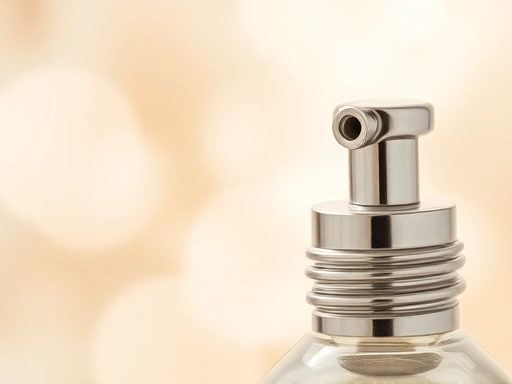 A detailed close-up of a perfume bottle's nozzle, with a soft, ethereal background showing blurred abstract shapes suggesting gentle, diffused musk notes, highlighting the delicate application of fragrance.
