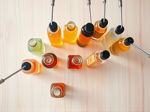 A detailed top-down view of various flavor essences in clear glass bottles, arranged harmoniously on a clean, light wooden table, suggesting the initial stage of complex flavor blending, with a soft focus on the foreground. Keywords: flavor blending, essences, aroma oils, harmony, balance, culinary. 