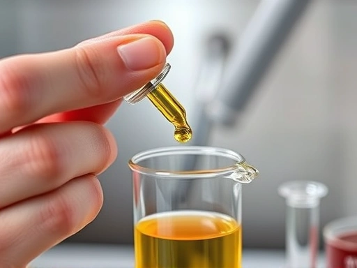 A close-up shot of a person's hand holding a small dropper, carefully adding a single drop of liquid from a glass bottle into a beaker containing other blended flavors. The focus is on the precise action and the subtle mixing effect, highlighting sensory evaluation and iterative refinement. Keywords: flavor development, sensory evaluation, precise blending, aroma mixing, quality control. 