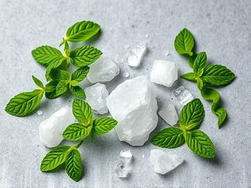 A diverse collection of fresh mint leaves, camphor crystals, and menthol crystals, arranged aesthetically on a cool, minimalist surface, illustrating cool aromatic ingredients for a blog post.