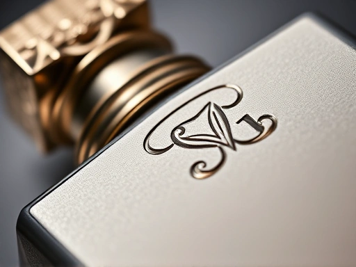Close-up of a sophisticated perfume bottle with an intricate cap and embossed logo, highlighting the texture and premium material of the packaging, with soft lighting.
