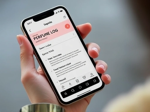 A close-up shot of a hand holding a smartphone, displaying a digital note-taking app with a perfume log entry, featuring details like scent notes, weather, and mood, emphasizing the digital aspect of tracking.