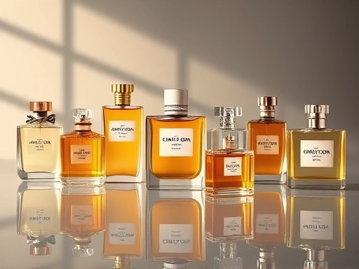 A luxurious still life of various Christian Dior perfume bottles elegantly arranged on a sleek, reflective surface, showcasing their iconic designs and golden hues, with soft ambient lighting highlighting their sophistication.