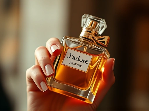 A close-up shot of a hand gently holding a Christian Dior J'adore perfume bottle, with soft focus on the golden liquid and the intricate details of the bottle's design, emphasizing luxury and delicate beauty.