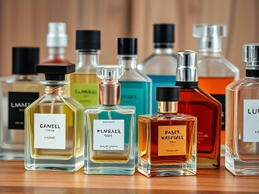 A close-up shot of diverse perfume bottles with varying shapes and colors, arranged elegantly on a wooden surface, highlighting different fragrance options and choices.