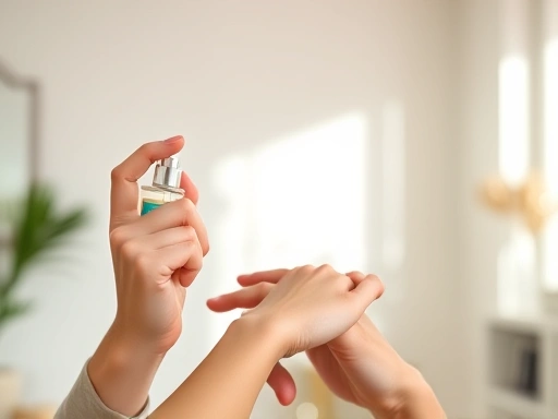 A person delicately spraying perfume on their wrist in a brightly lit room, showing a focus on precise application, with a background hinting at a minimalist, clean aesthetic, emphasizing economical perfume usage.