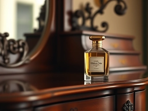 An elegant Penhaligon's perfume bottle placed on a luxurious, antique wooden dresser with soft, warm lighting, highlighting its British traditional elegance and timeless appeal.