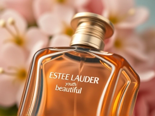 Close-up on an iconic Estee Lauder perfume bottle, possibly Youth-Dew or Beautiful, with a soft focus background of delicate flowers, emphasizing its classic design and elegant details.