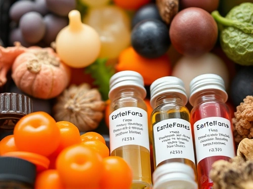 Close-up of a diverse range of colorful fermented ingredients or small vials labeled with advanced biotechnological fragrance names, emphasizing purity and precision in scent creation.
