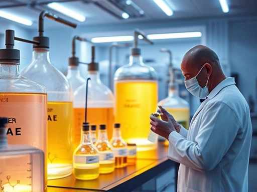 A futuristic laboratory setting with glowing fermentation tanks and a perfumer analyzing fragrance molecules, symbolizing the intersection of biotechnology and perfumery. Focus on innovation and sustainability.
