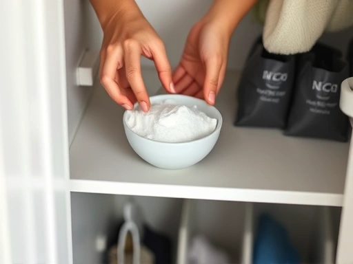 Close-up of hands placing a small bowl of baking soda on a shelf in a well-organized closet, with some activated charcoal bags visible, highlighting practical odor absorption and fresh air solutions. SEO keywords: 