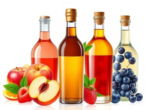 A vibrant and detailed illustration of various fruit essences, including peach, apple, and mixed berries, showing their distinct liquid forms and colors in elegant bottles, representing their unique characteristics and appeal.