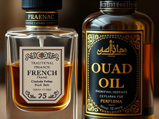 Close-up shot of a traditional French perfume bottle with intricate details next to a Middle Eastern oud oil bottle, emphasizing the contrast in design and cultural heritage.