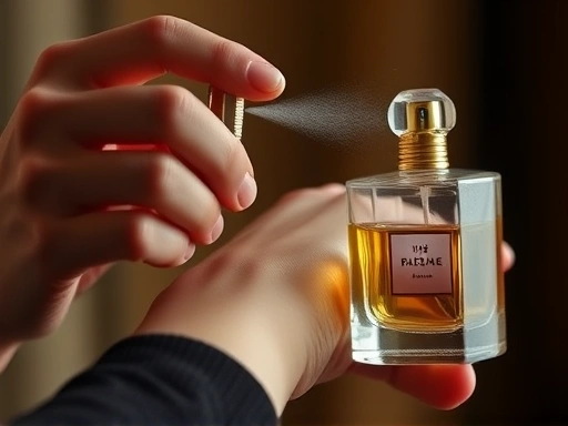 A close-up shot of a hand delicately spraying perfume onto a wrist, showcasing the fine mist and the elegant design of the bottle. The background is softly blurred. Focus on the action of applying the perfume, highlighting its use and appreciation. Includes keywords like 