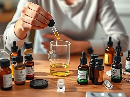 A person carefully measuring essential oils with droppers into a small glass beaker, surrounded by various essential oil bottles and perfume making tools on a clean wooden table, natural light, warm inviting atmosphere, homemade perfume beginners guide.