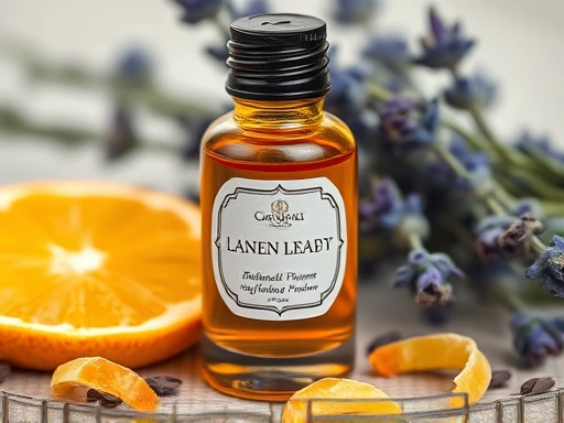 Close-up shot of a small, elegant amber glass perfume bottle with a label, surrounded by dried lavender sprigs and citrus peels, conveying a sense of natural and handcrafted elegance for homemade perfume.