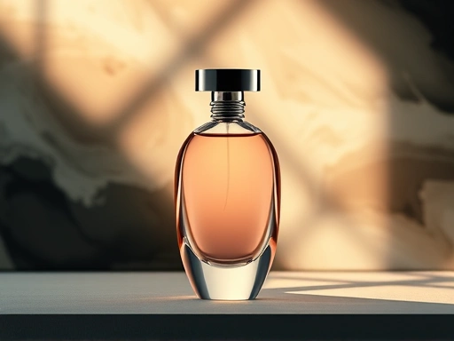 A modern, minimalist perfume bottle with a unique sculptural design, glowing softly, against a backdrop of abstract art. Emphasize elegance and innovation, incorporating elements of natural light and shadow to highlight its unique form and artistic value.