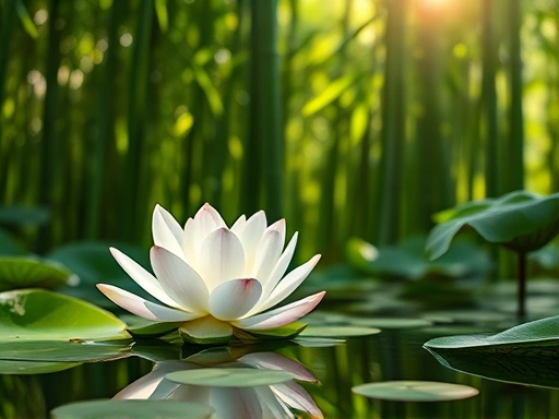 A serene scene of a blooming lotus flower in a tranquil pond, surrounded by lush green bamboo, with soft sunlight filtering through, embodying natural and Eastern aesthetics, Kenzo perfume inspiration.