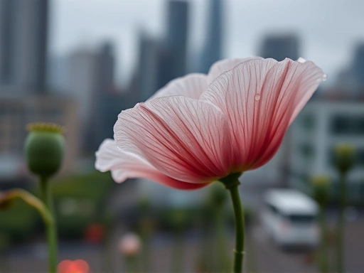Close-up of a delicate poppy flower with dew drops on its petals, set against a blurred background of an urban landscape, symbolizing nature's resilience and beauty, Kenzo perfume.