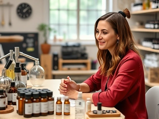 A woman enjoying a personalized perfume making workshop, surrounded by various essential oil bottles and modern equipment, in a brightly lit studio. The atmosphere is creative and engaging.