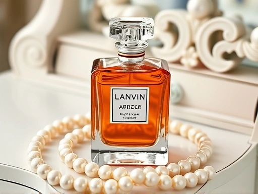 A beautifully designed vintage Lanvin Arpège perfume bottle on an elegant vanity table, surrounded by classic pearls, emphasizing timeless beauty and sophistication.