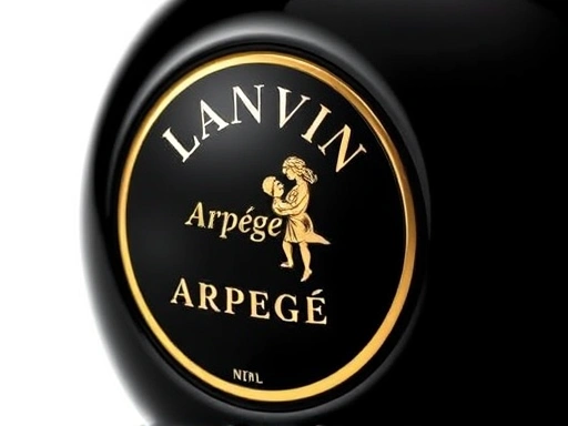 A close-up shot of the Lanvin Arpège perfume's black spherical bottle with gold details, highlighting its iconic design and mother-and-child emblem, evoking heritage and refined artistry.
