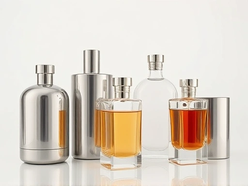 Abstract representation of metallic and industrial fragrance bottles, with subtle reflections and a clean, minimalist aesthetic, in a modern studio setting. 
