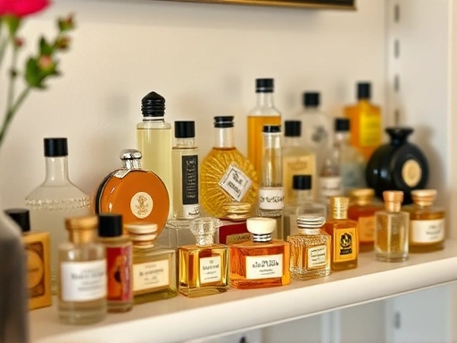 A beautifully arranged collection of diverse miniature perfume bottles on a shelf, showcasing their intricate designs and a cozy, elegant atmosphere, perfect for collectors and enthusiasts.