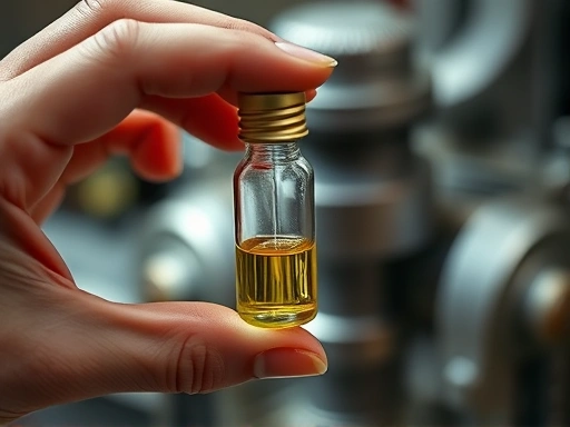 Close-up of a perfumer's hand holding a glass vial, with blurred background elements suggesting industrial machinery or metallic surfaces, focusing on the liquid inside. 