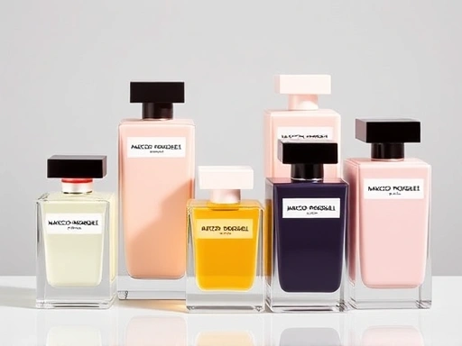 A beautifully arranged collection of Narciso Rodriguez perfume bottles, showcasing their minimalist, blocky, and elegant design, with a focus on their distinct colors and clean lines, embodying modern simplicity and aesthetic sophistication.