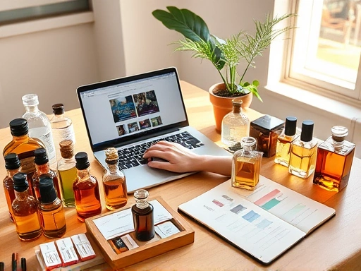 A person is intently engaged in an online perfume blending course on a laptop, surrounded by an array of various amber and clear glass bottles of perfume ingredients, blending strips, and a detailed notebook on a clean wooden desk, bathed in warm, natural light.