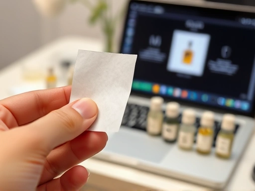 A close-up shot focusing on a hand delicately holding a paper blotter to smell a freshly blended perfume, with the background blurred to show various small, labeled glass vials of fragrance oils and a laptop screen displaying a perfume formulation, emphasizing the intricate process of perfumery.