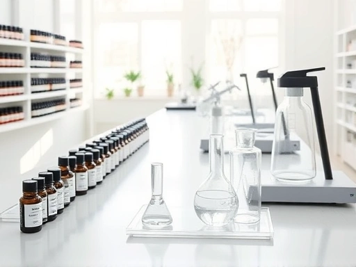A clean, well-organized perfume blending lab with rows of essential oil bottles, precise scales, glass beakers, and measuring tools on a minimalist white table, bathed in soft, natural light, reflecting the calm and detailed nature of perfume creation.