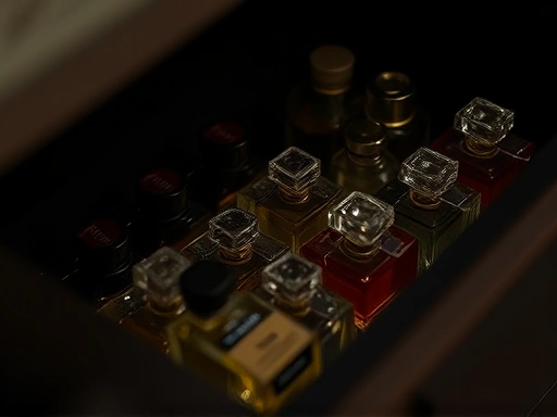 Close-up shot of a dark, cool, and well-organized drawer filled with perfume bottles, showcasing neat arrangement and protection from light, a soft glow illuminating the bottles, emphasizing perfume storage and preservation.
