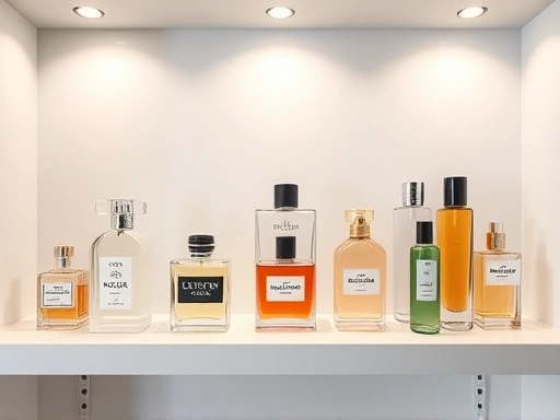 A beautifully organized perfume collection on a minimalist shelf, soft indirect lighting, elegant glass bottles, various sizes and shapes, clean and harmonious display, detailed and inviting atmosphere for perfume organization and display.