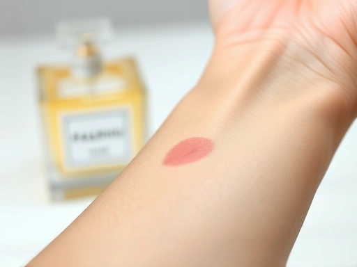 A close-up shot of a person's arm with a small red patch, indicating an allergic reaction to perfume, with a blurred bottle of perfume in the background, clean and medical aesthetic. Use a soft, natural lighting. Focus on the skin's texture and reaction. Keywords: perfume allergy, skin reaction, contact dermatitis.