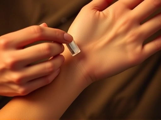 A detailed top-down view of a person applying perfume to their wrist, showing the pulse point, with a subtle aura of fragrance diffusing. Focus on the delicate mist and skin. Use warm, inviting lighting. Keywords: perfume application, wrist, pulse point, fragrance diffusion.