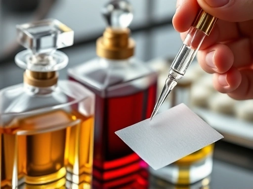 Close-up of elegant glass perfume bottles with different colored liquids, a perfumer's blotter, and a hand holding a pipette, highlighting the detailed process of scent creation in a sophisticated setting. Keywords: fragrance development, perfumer, scent creation.