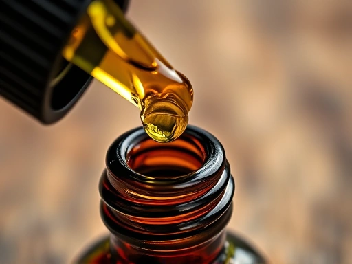 A close-up, detailed shot of an opened small dark amber glass bottle with a dropper dispensing a single drop of concentrated perfume oil into another bottle. The focus is on the droplet and the textures of the oils, with a sophisticated and artisanal feel. Keywords: perfume oil, blending drop, close-up, amber bottle, droplet, artisanal, concentrated scent.